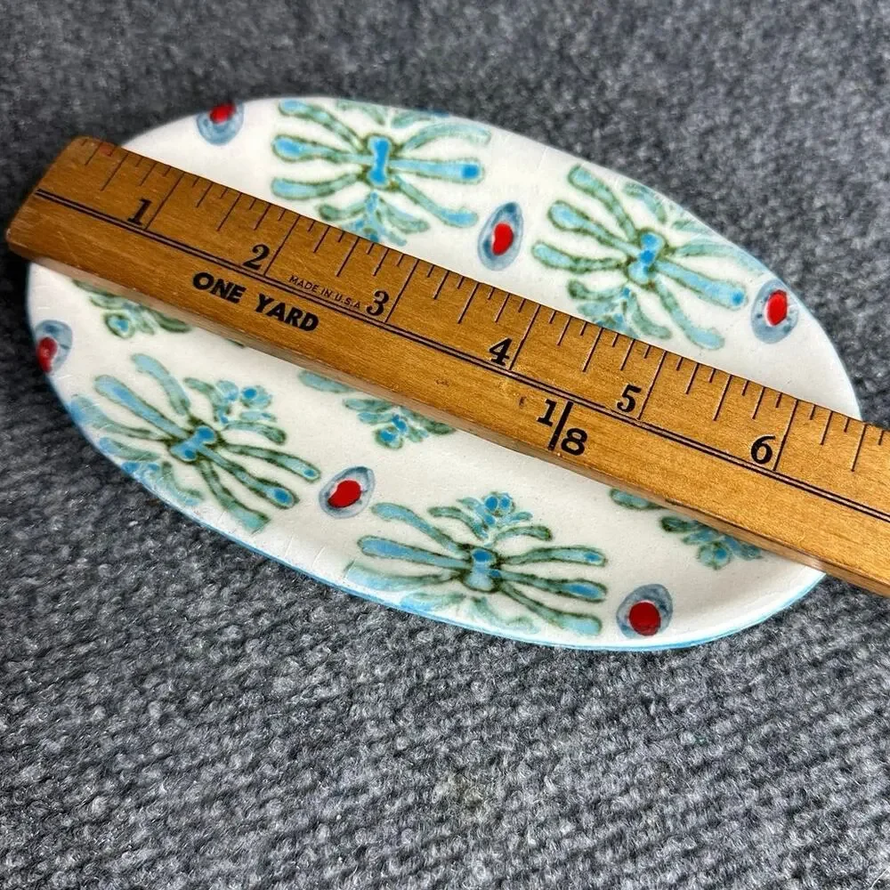 Anthropologie oval trinket dish soap dish Portugal 6.5” hand painted ikat design